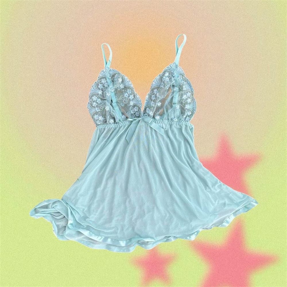 Elegant Lace Trim Light Blue Chemise